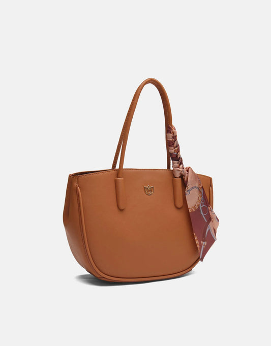 Camel structured shoulder bag with scarf-wrapped handle