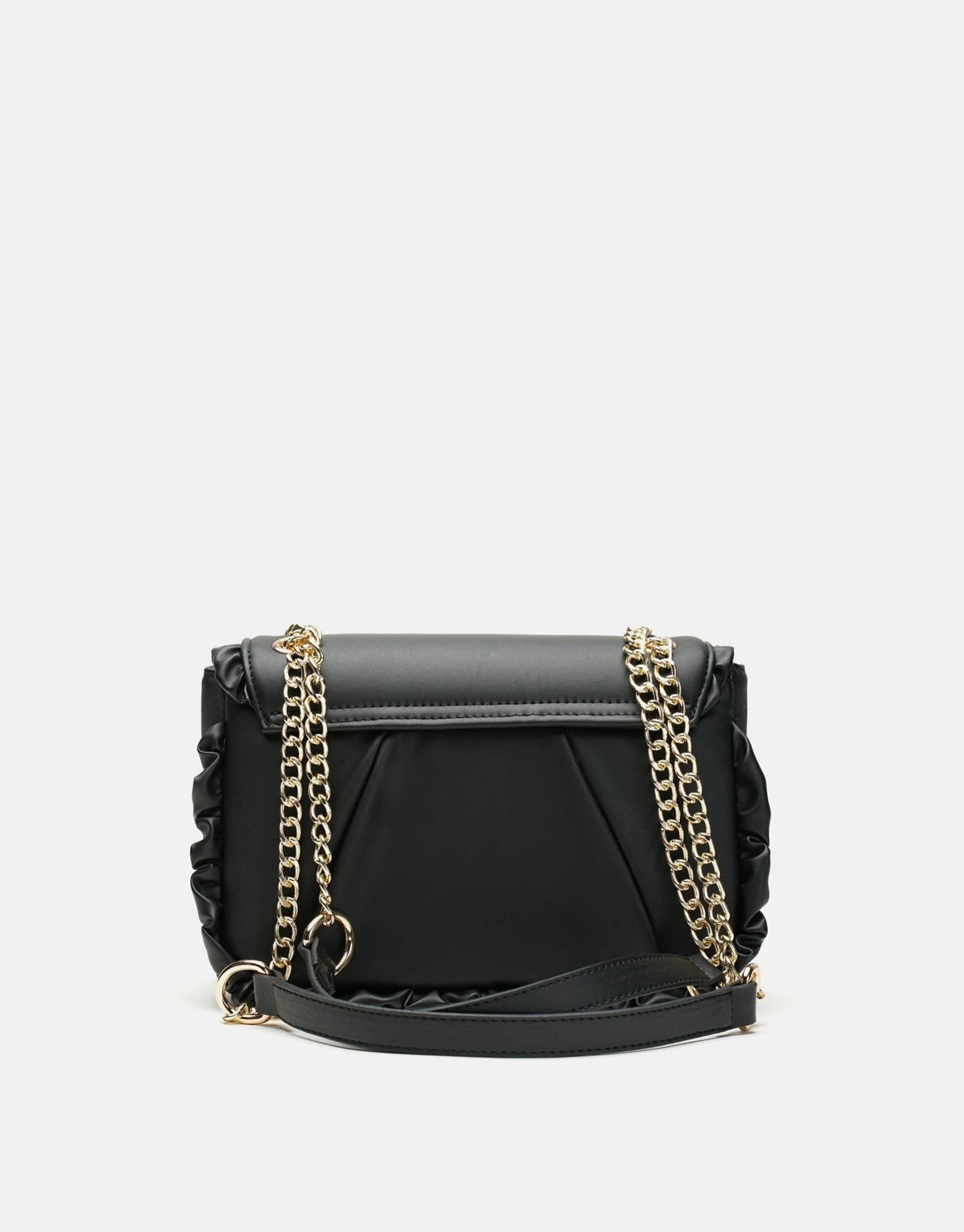 Luxury Black Leather Ruffled Shoulder Bag For Women, Chain Shoulder Strap - Anharo