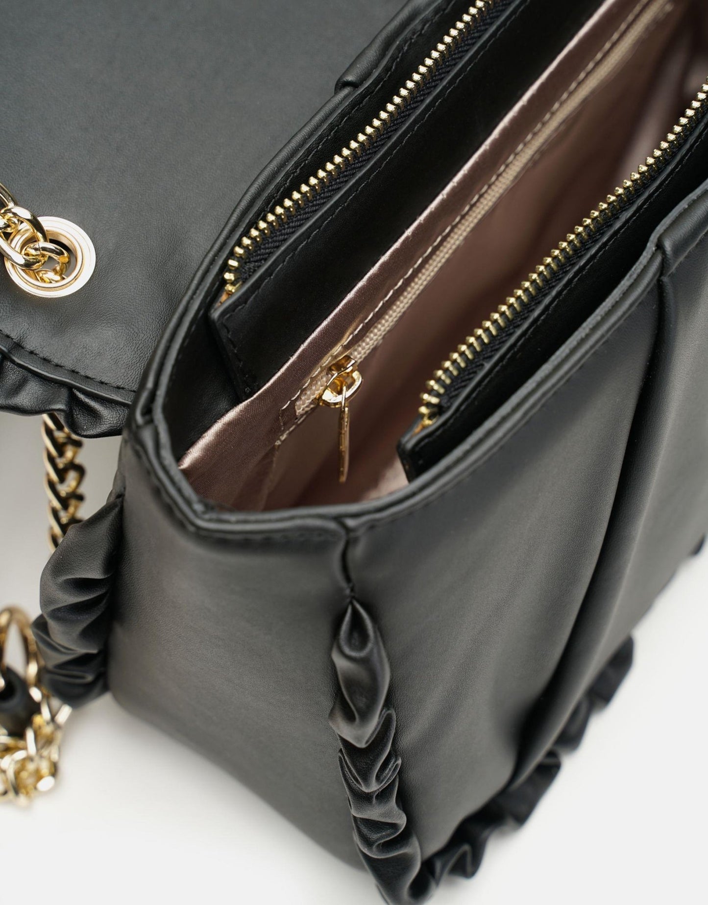 Luxury Black Leather Ruffled Shoulder Bag For Women, Chain Shoulder Strap - Anharo
