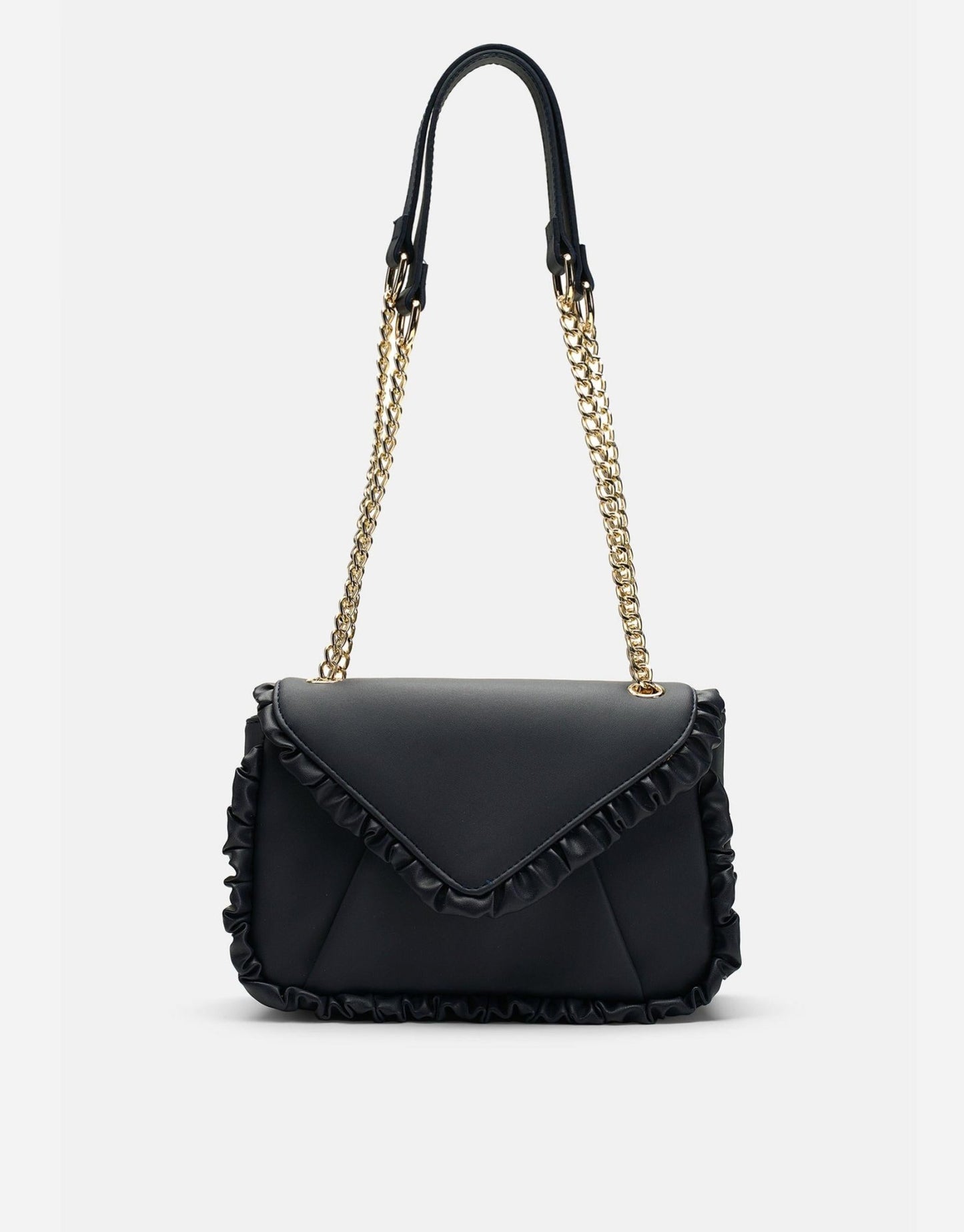 Luxury Black Leather Ruffled Shoulder Bag For Women, Chain Shoulder Strap - Anharo