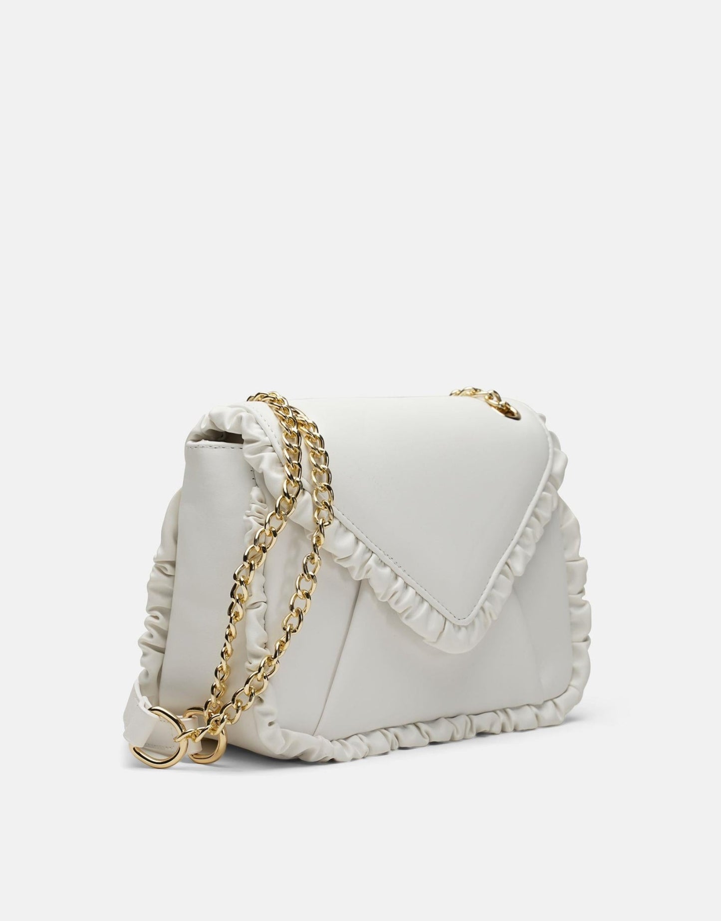 Luxury White Leather Ruffled Shoulder Bag For Women, Chain Shoulder Strap - Anharo