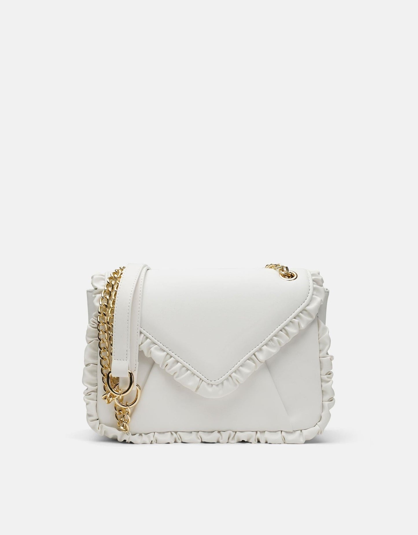 Luxury White Leather Ruffled Shoulder Bag For Women, Chain Shoulder Strap - Anharo