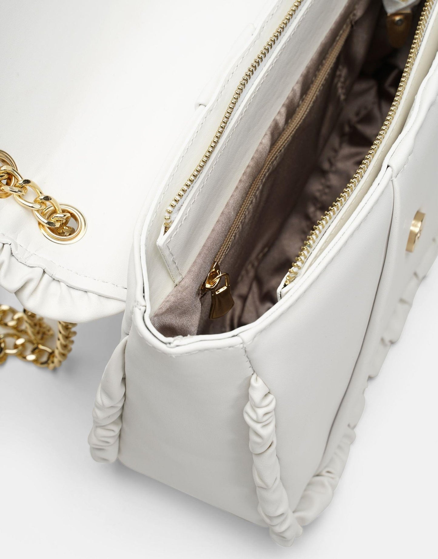 Luxury White Leather Ruffled Shoulder Bag For Women, Chain Shoulder Strap - Anharo