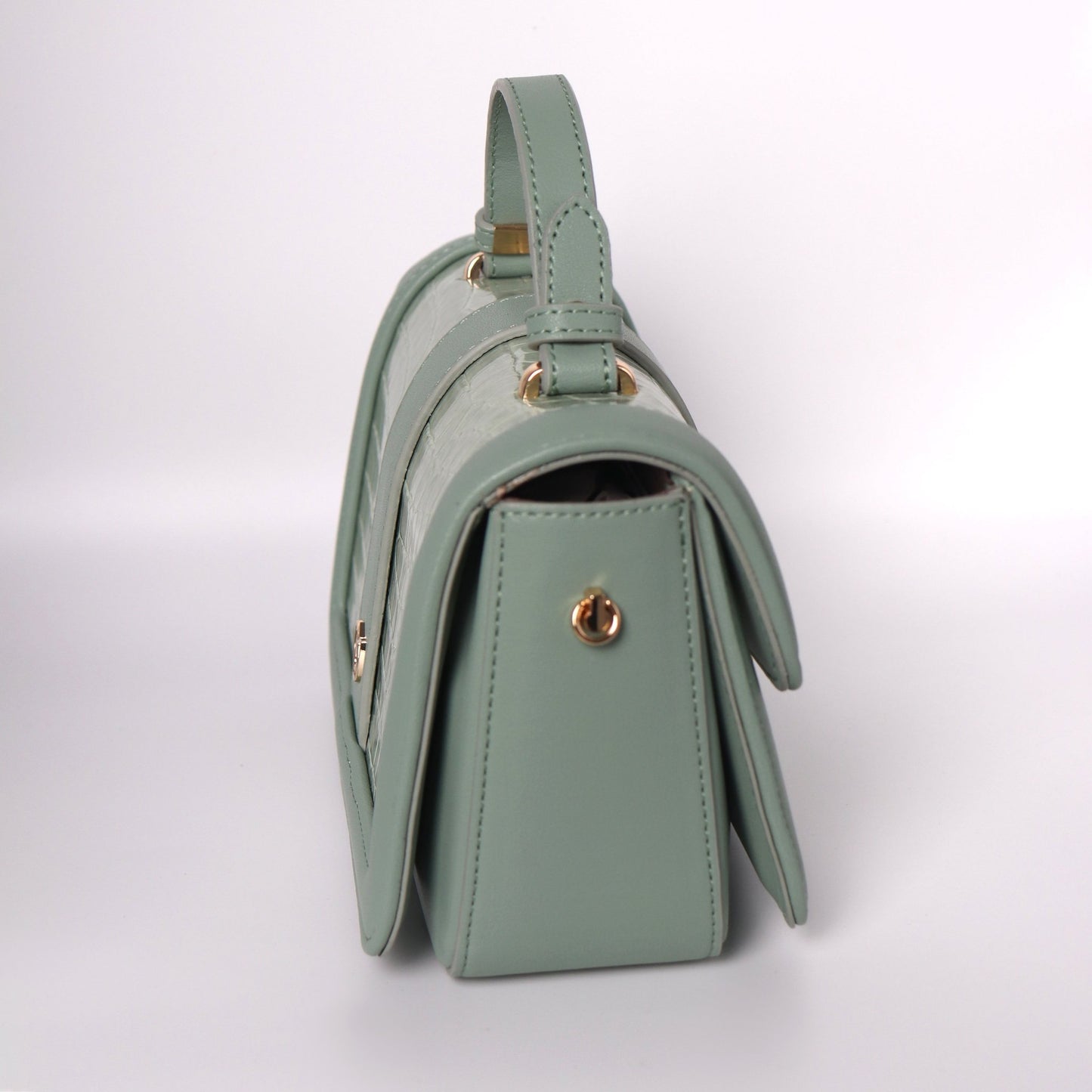 Sage Green Leather Crossbody With A Crocodile Leather Texture | Top Handle Croc Bag - Anharo