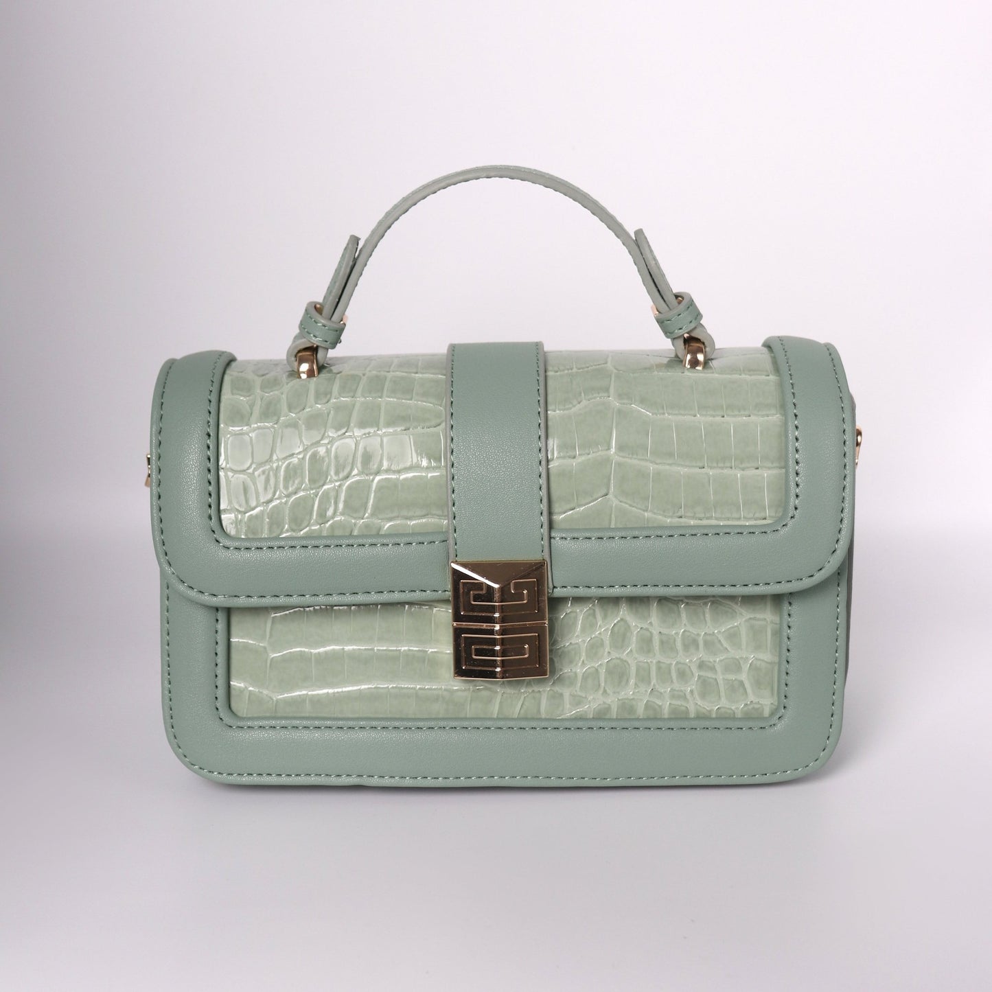 Sage Green Leather Crossbody With A Crocodile Leather Texture | Top Handle Croc Bag - Anharo