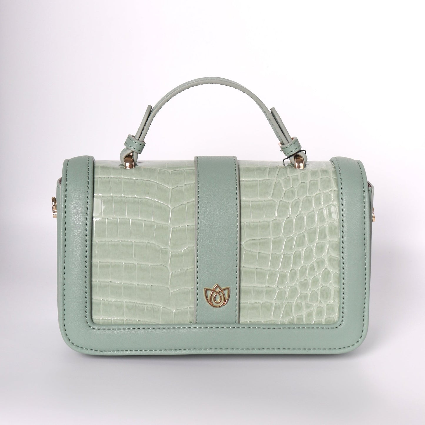 Sage Green Leather Crossbody With A Crocodile Leather Texture | Top Handle Croc Bag - Anharo