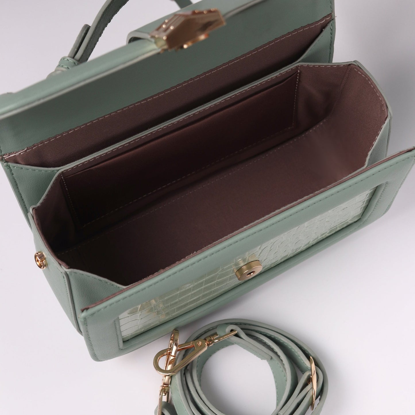 Sage Green Leather Crossbody With A Crocodile Leather Texture | Top Handle Croc Bag - Anharo