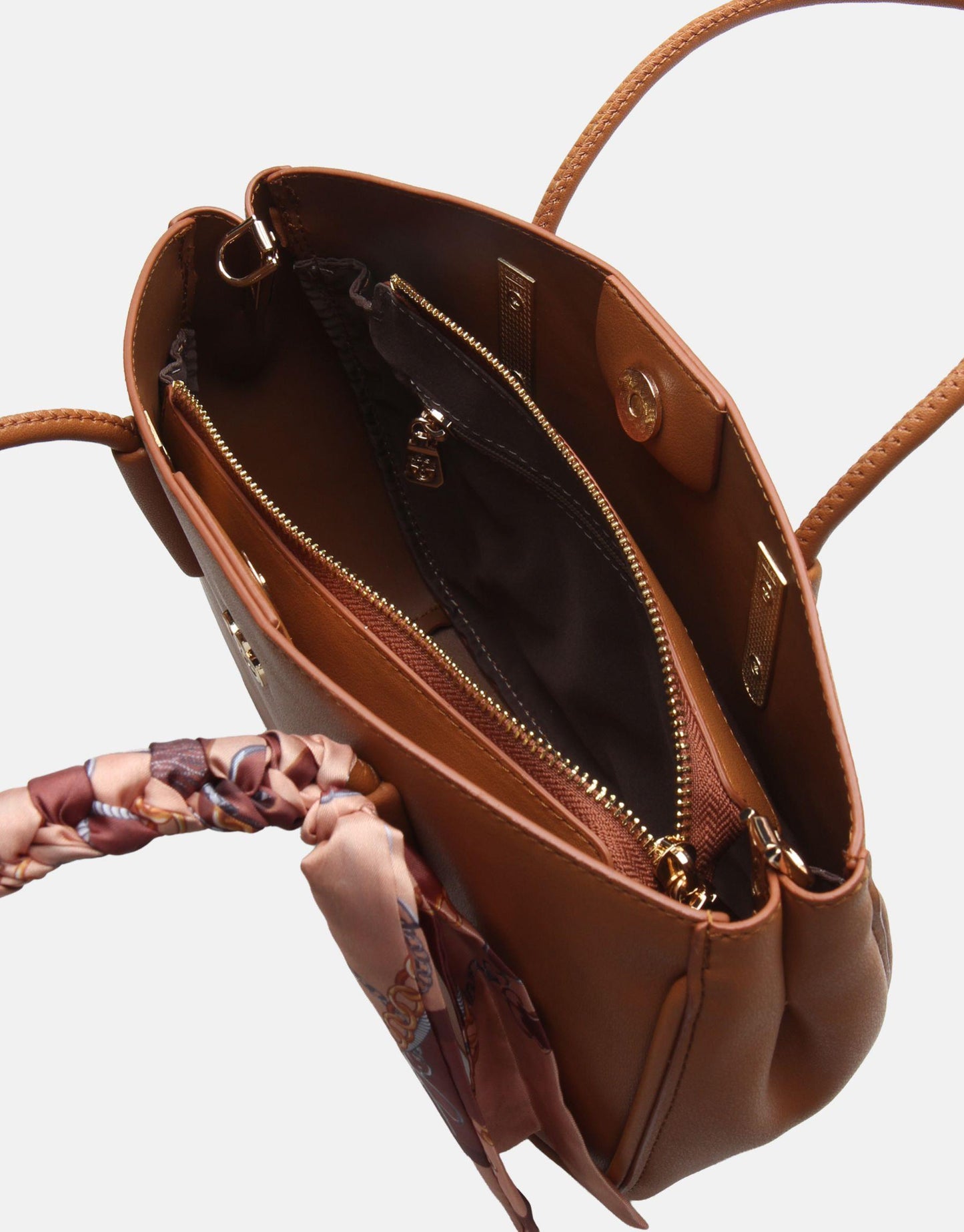 Luxury Designer Tan Leather Crosscody for Women with Twilly scarf