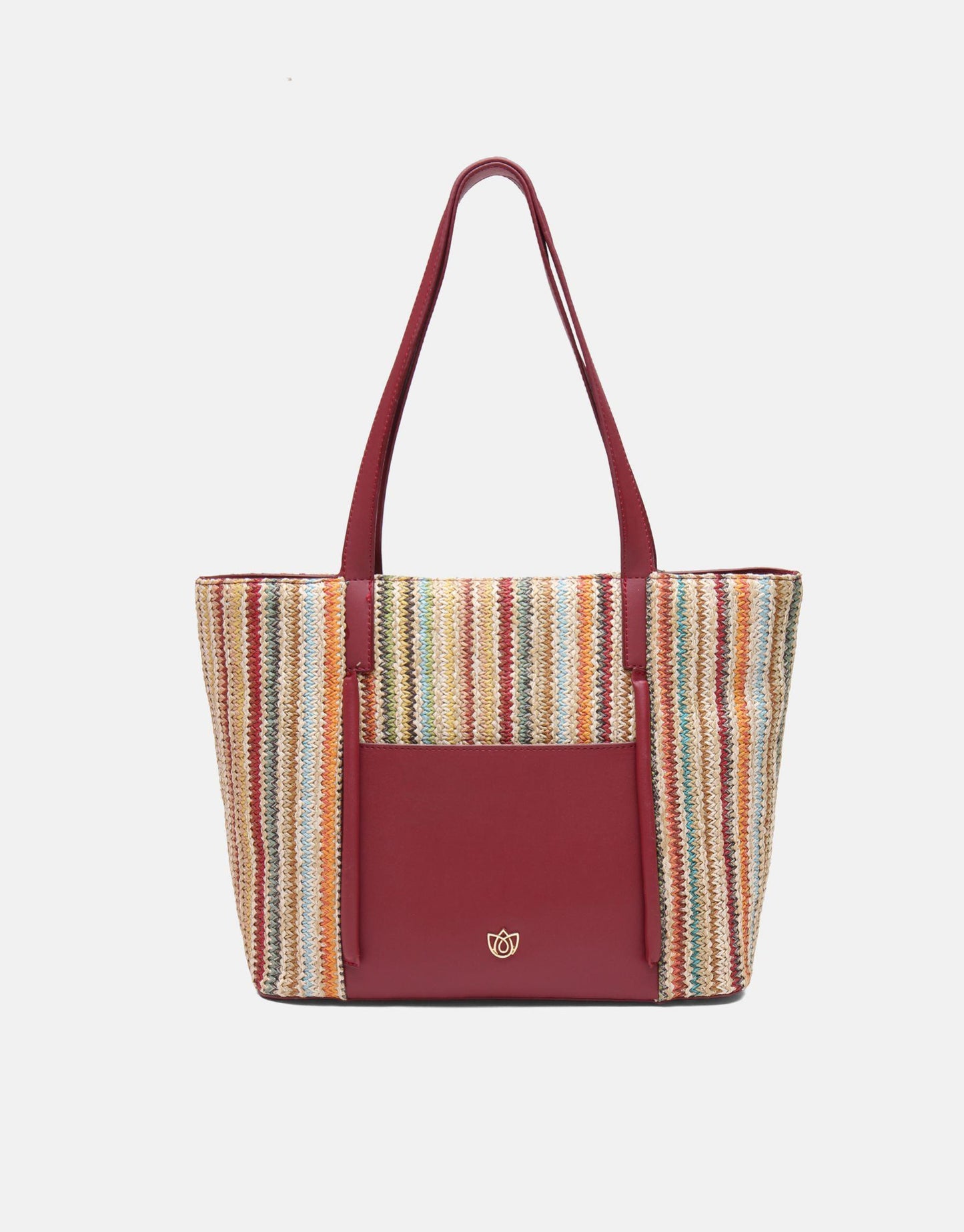 Handwoven straw-inspired tote bag with structured faux leather panels