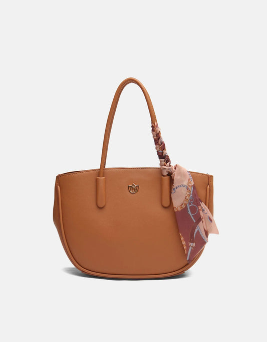 Camel structured shoulder bag with scarf-wrapped handle