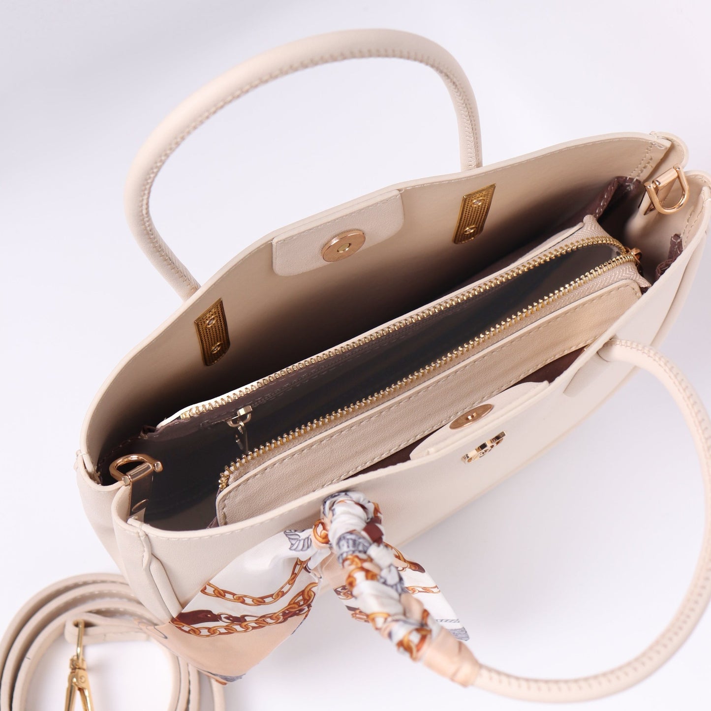 Luxury Beige Leather Crossbody for Women with Twilly Scarf - Anharo