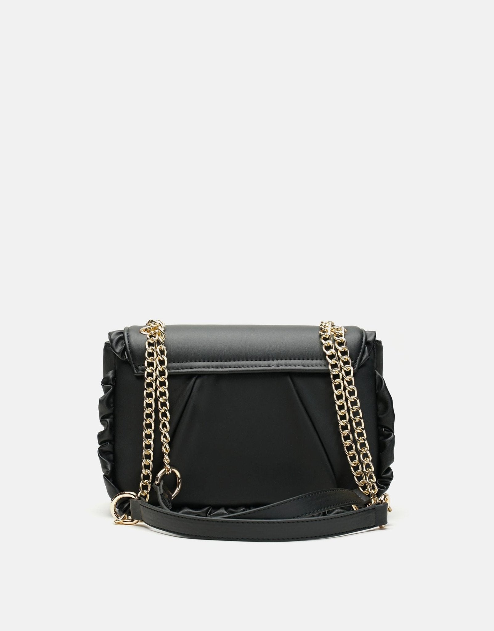 Luxury Black Leather Ruffled Shoulder Bag For Women, Chain Shoulder Strap - Anharo