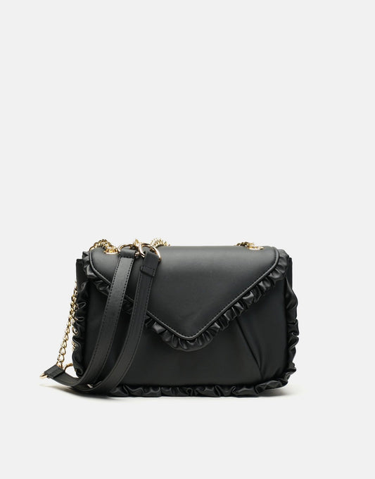 Luxury Black Leather Ruffled Shoulder Bag For Women, Chain Shoulder Strap - Anharo