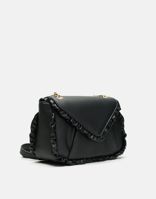 Luxury Black Leather Ruffled Shoulder Bag For Women, Chain Shoulder Strap - Anharo