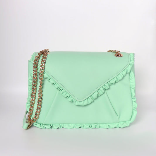 Luxury Mint Green Ruffled Shoulder Bag For Women With Chain Shoulder Strap - Anharo