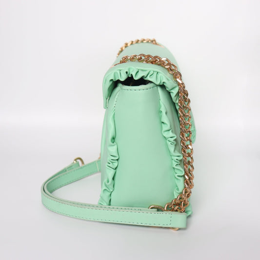 Luxury Mint Green Ruffled Shoulder Bag For Women With Chain Shoulder Strap - Anharo