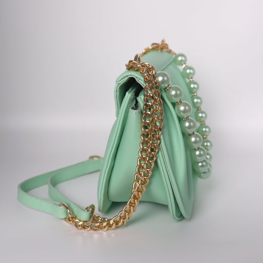 Mint Green Leather Shoulder Bag for Women with Chain Strap - Anharo