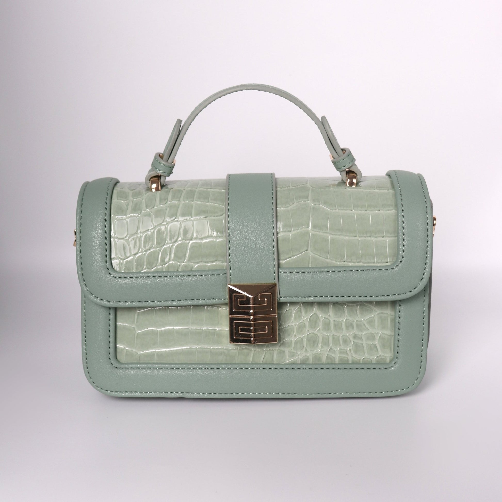 Sage Green Leather Crossbody With A Crocodile Leather Texture | Top Handle Croc Bag - Anharo