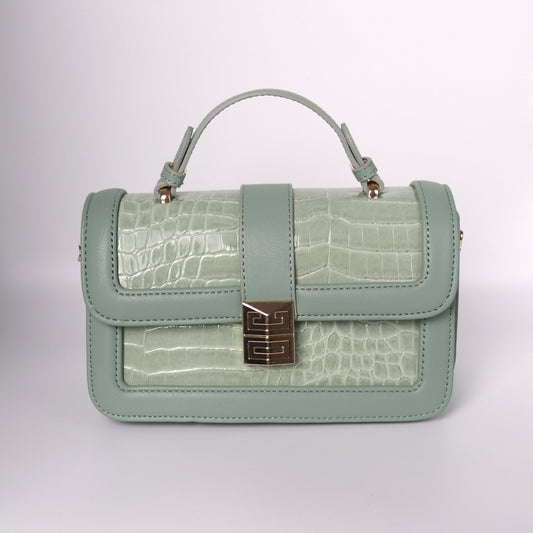 Sage Green Leather Crossbody With A Crocodile Leather Texture | Top Handle Croc Bag - Anharo